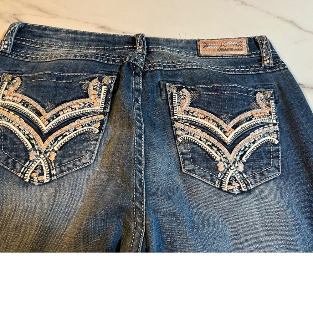 Grace in LA Easy Fit Bootcut Jeans Medium Wash Rhinestone Embroidered Size 31